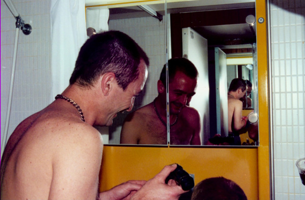 Shaving Bob with a mustache trimmer